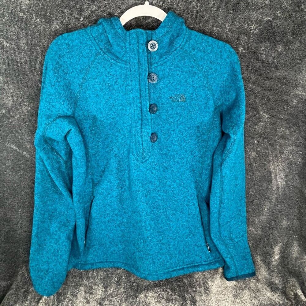 The North Face Women's Hoodie Fleece Jacket 1/4 Zip with Buttons Pocket Zip Blue
